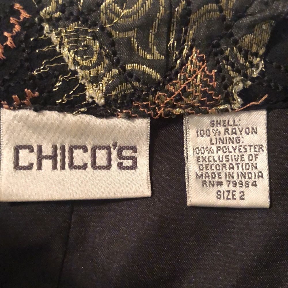 Chico’s L Black Green Gold Patchwork Embroidered Light Full Zip Jacket - Picture 12 of 15